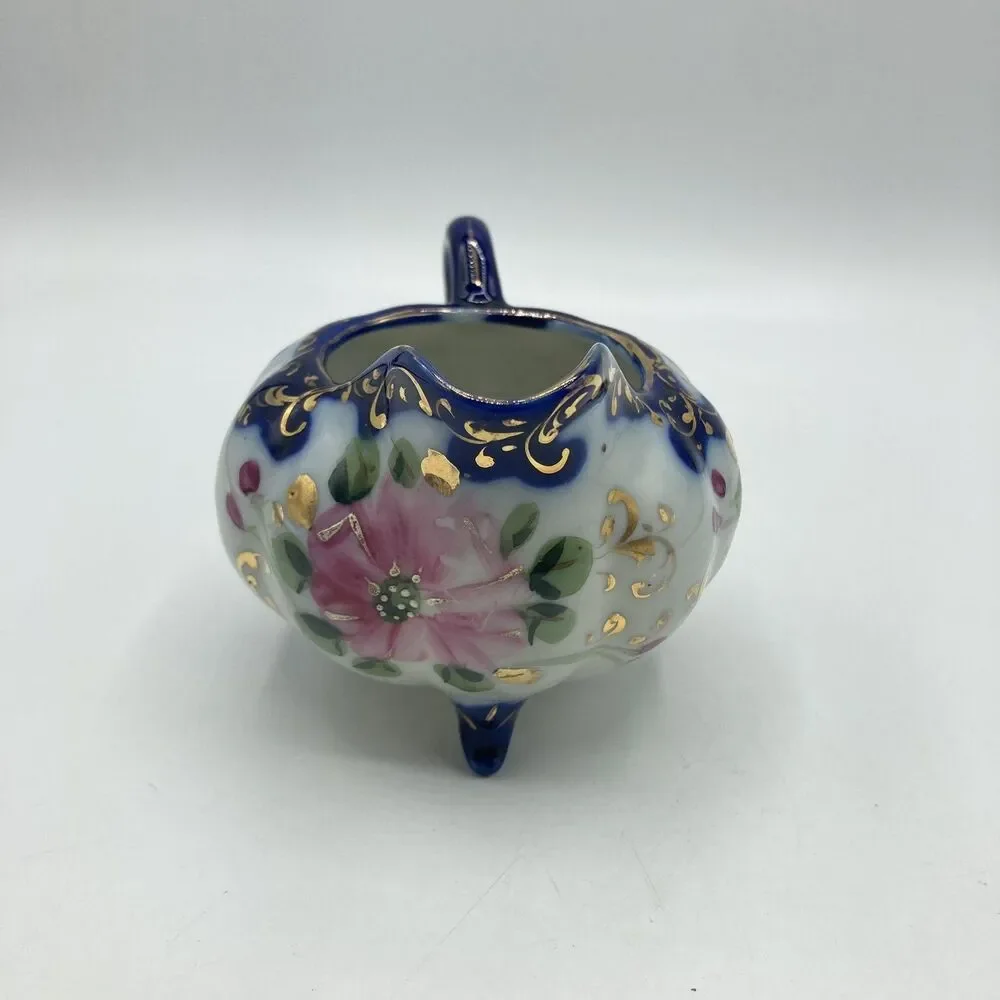 Antique Nippon Flow Blue Floral Creamer & Lidded Sugar Bowl Set Melon Gold Gilt